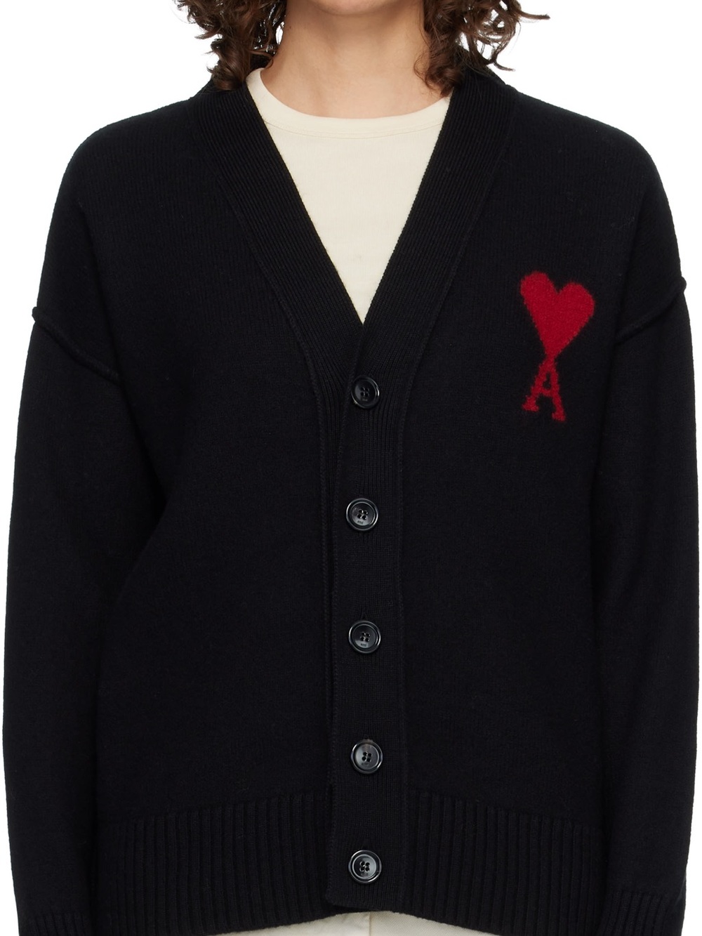 Black Cardigan Sweater with Red Heart Accent